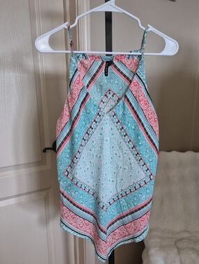 HeartSoul Women's Handkerchief Top Aqua and Coral Halter Camisole Size L